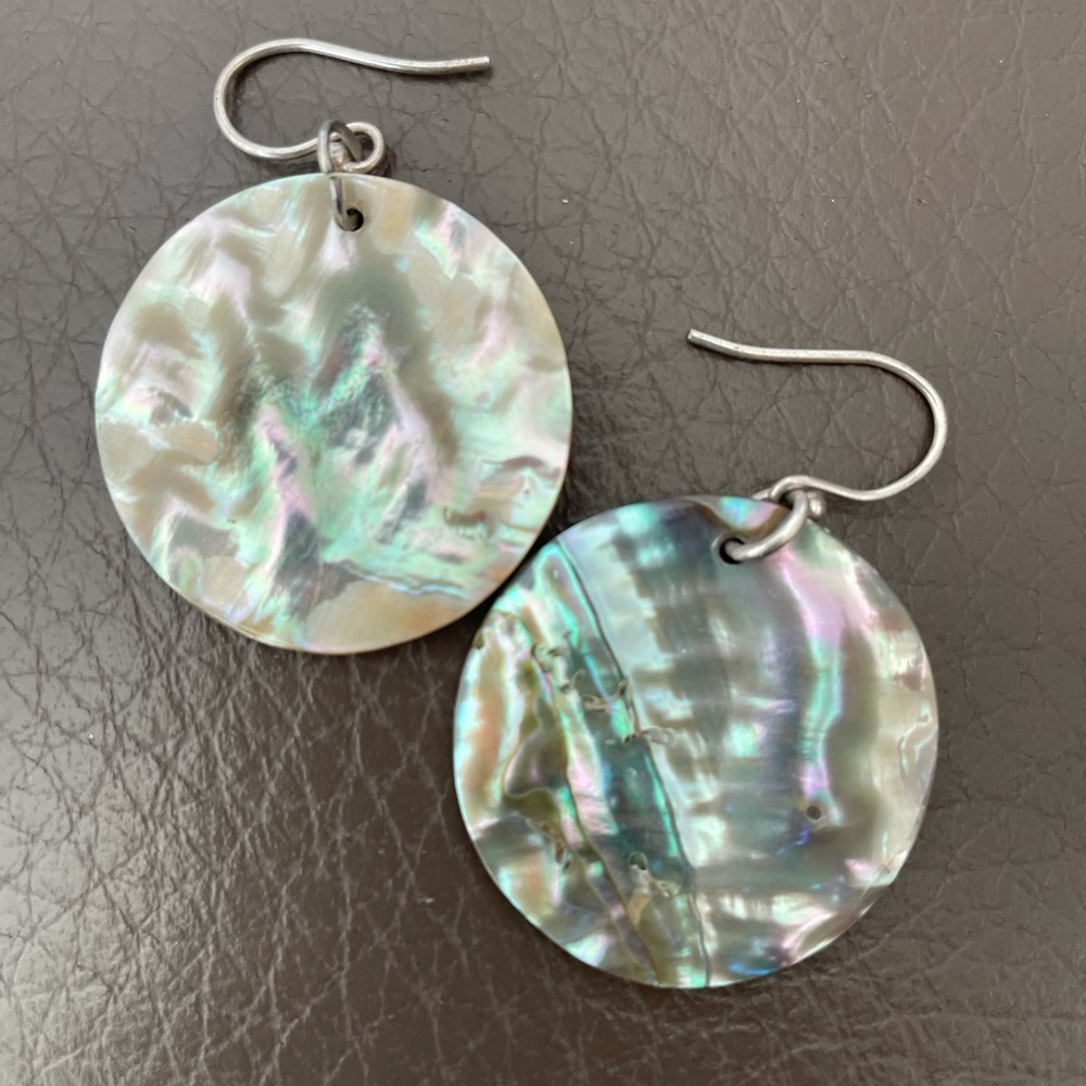 Iridescent Abalone Shell Disc Drop Earrings - Silver Hooks